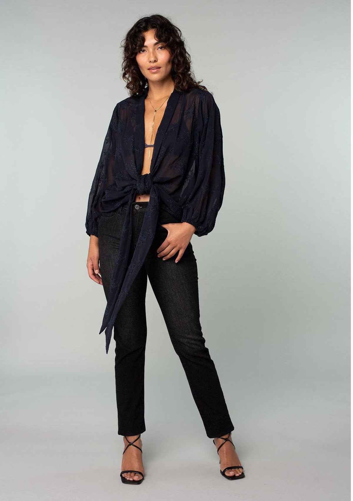 Embroidered Tie Front Cardigan