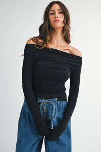 Front view of Charlotte Off-Shoulder Top in soft jersey knit with ruched sides and long sleeves.