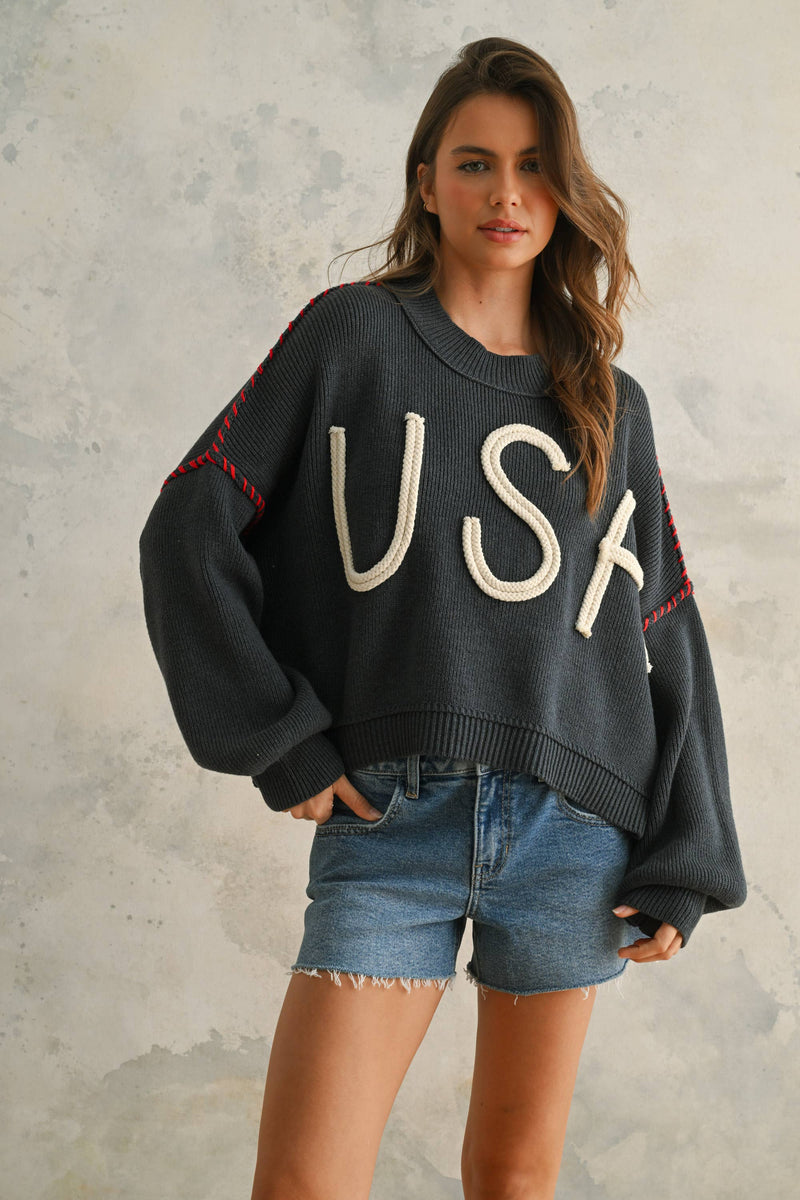 USA Rope Letter Sweater