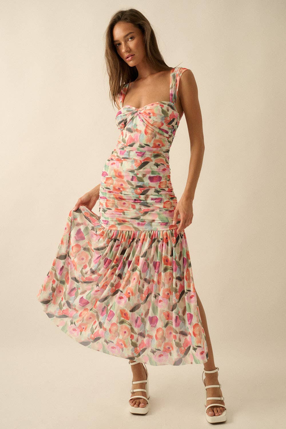 Floral Mesh Drop-Waist Maxi Dress
