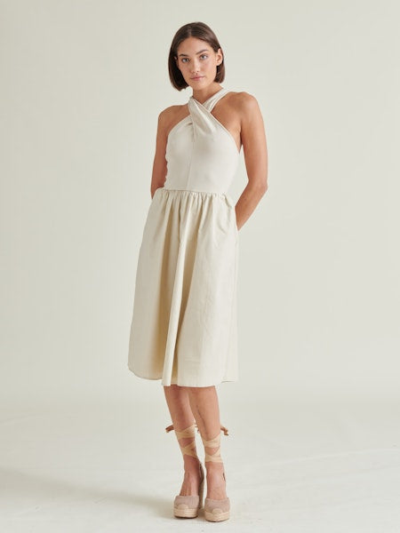 Steve Madden Libby Midi Dress – Cross‑Front, Oatmeal, Pockets