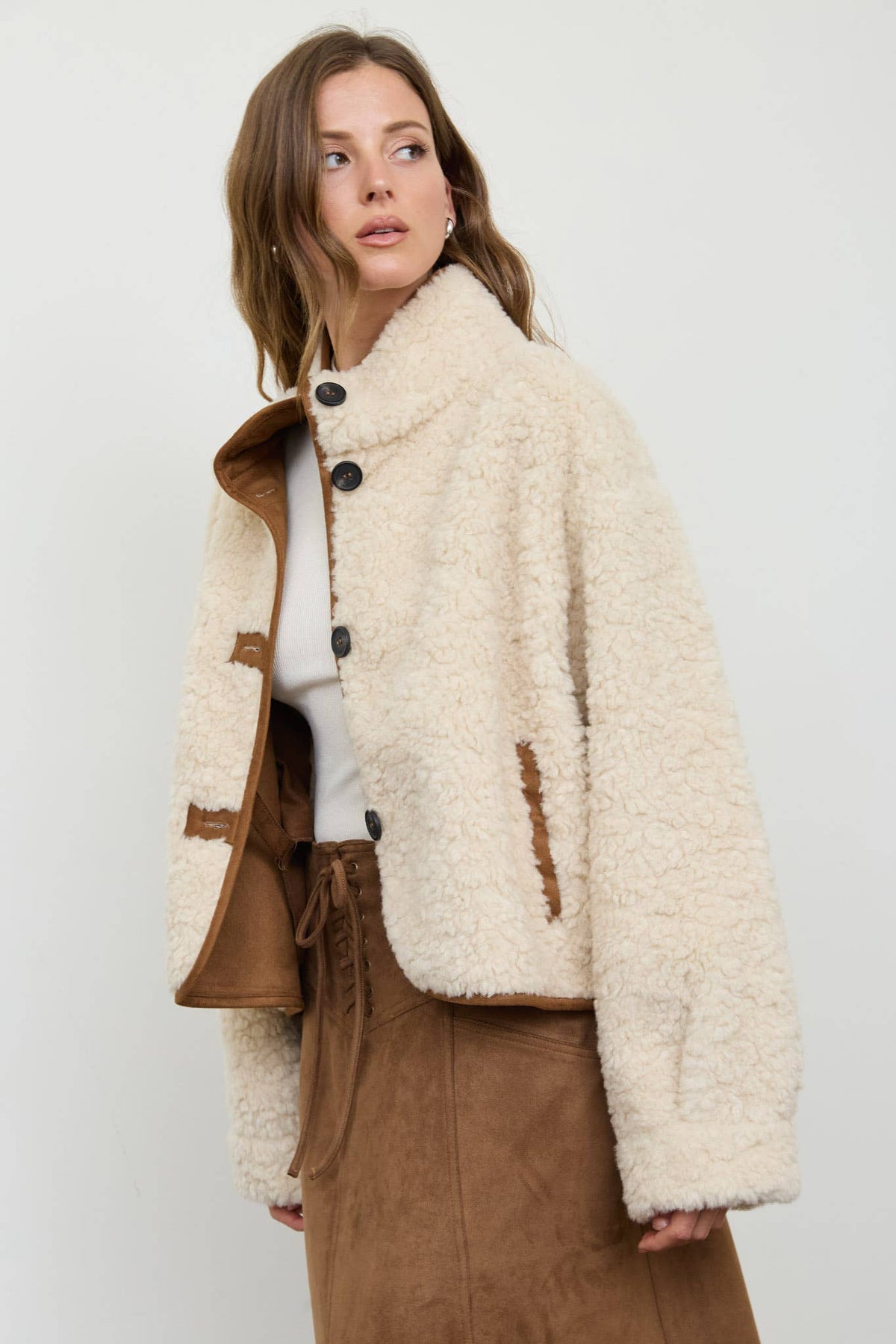 MOCK NECK SHERPA SUEDE TRIM BUTTON DOWN JACKET