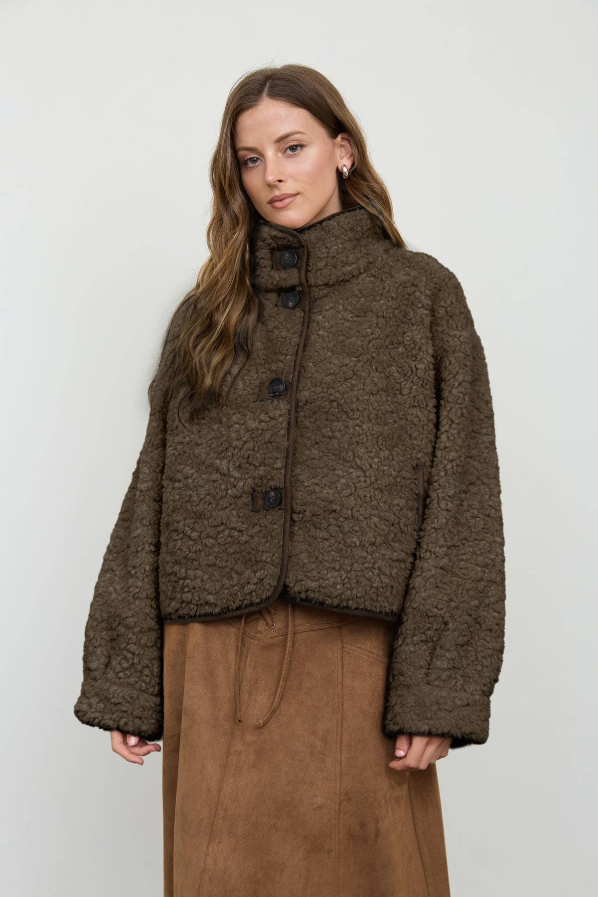 MOCK NECK SHERPA SUEDE TRIM BUTTON DOWN JACKET
