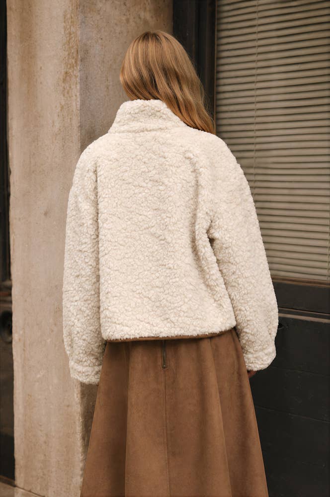 MOCK NECK SHERPA SUEDE TRIM BUTTON DOWN JACKET