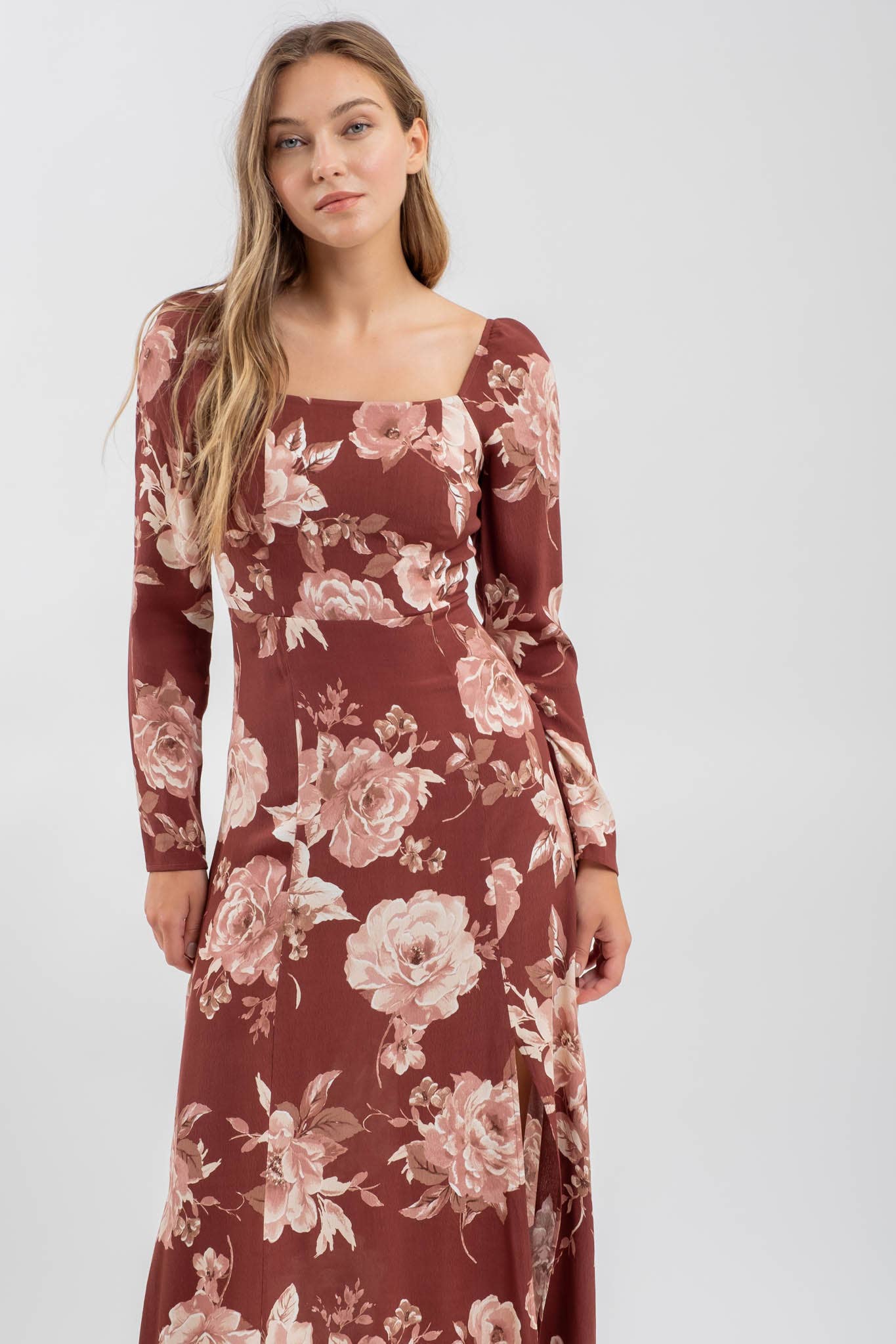 Burgundy floral midi dress best sale