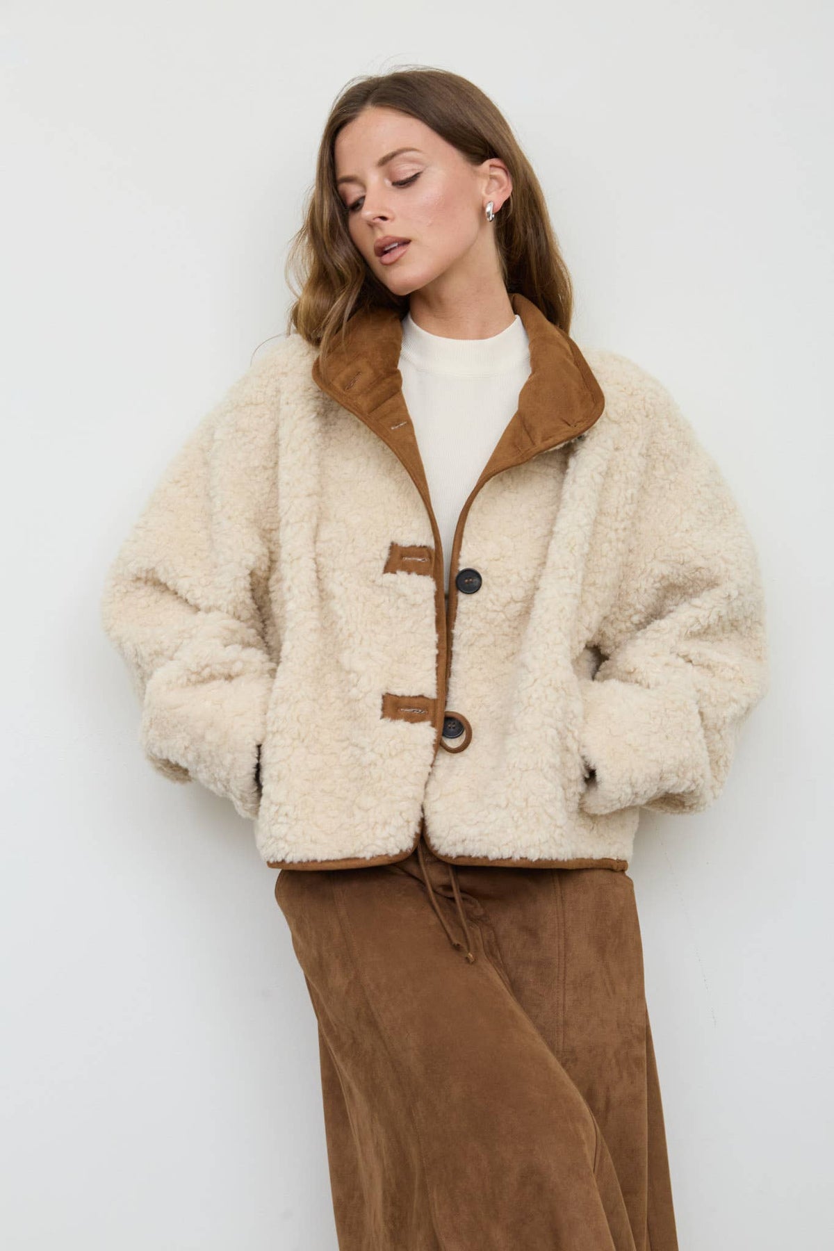 MOCK NECK SHERPA SUEDE TRIM BUTTON DOWN JACKET