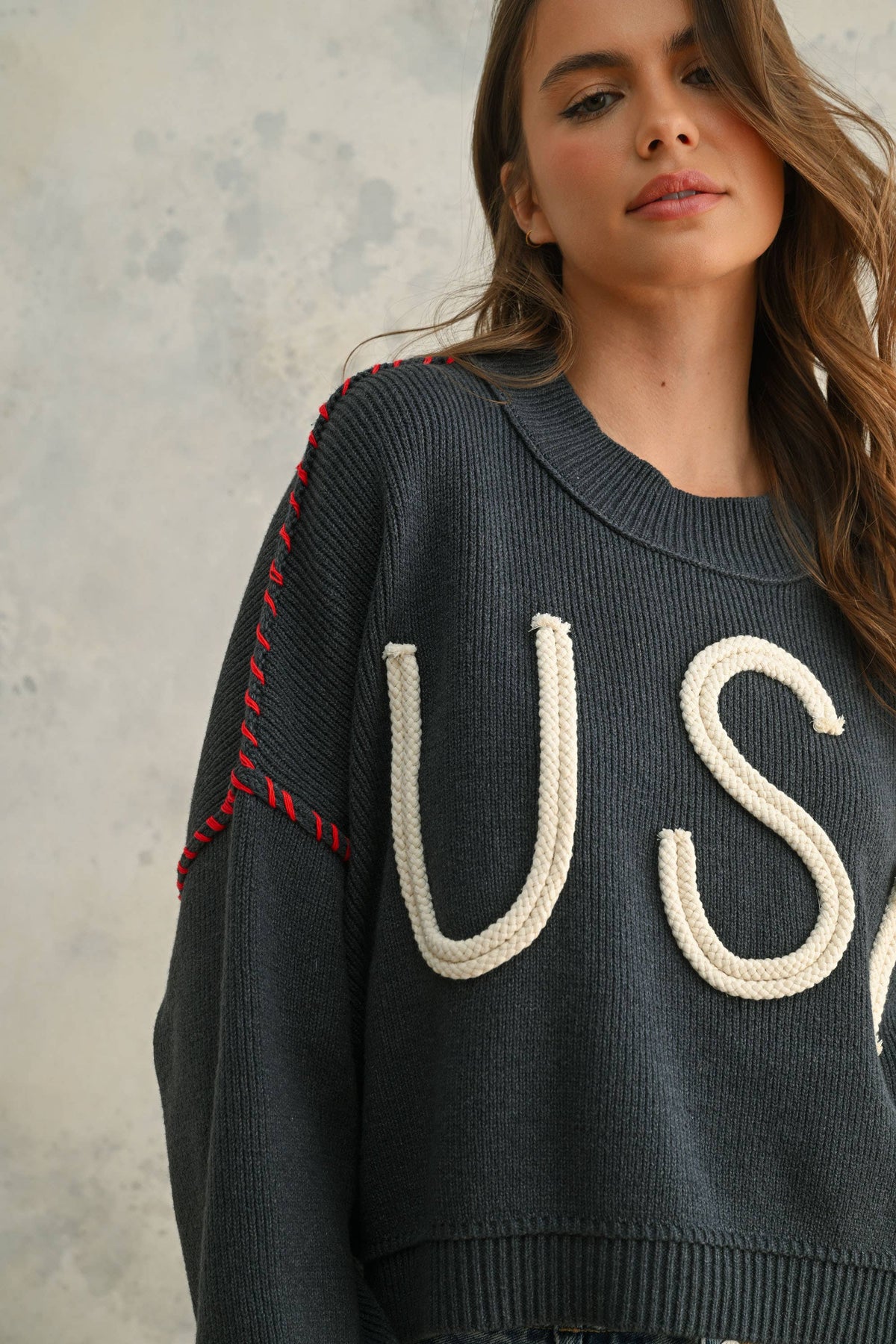 USA Rope Letter Sweater