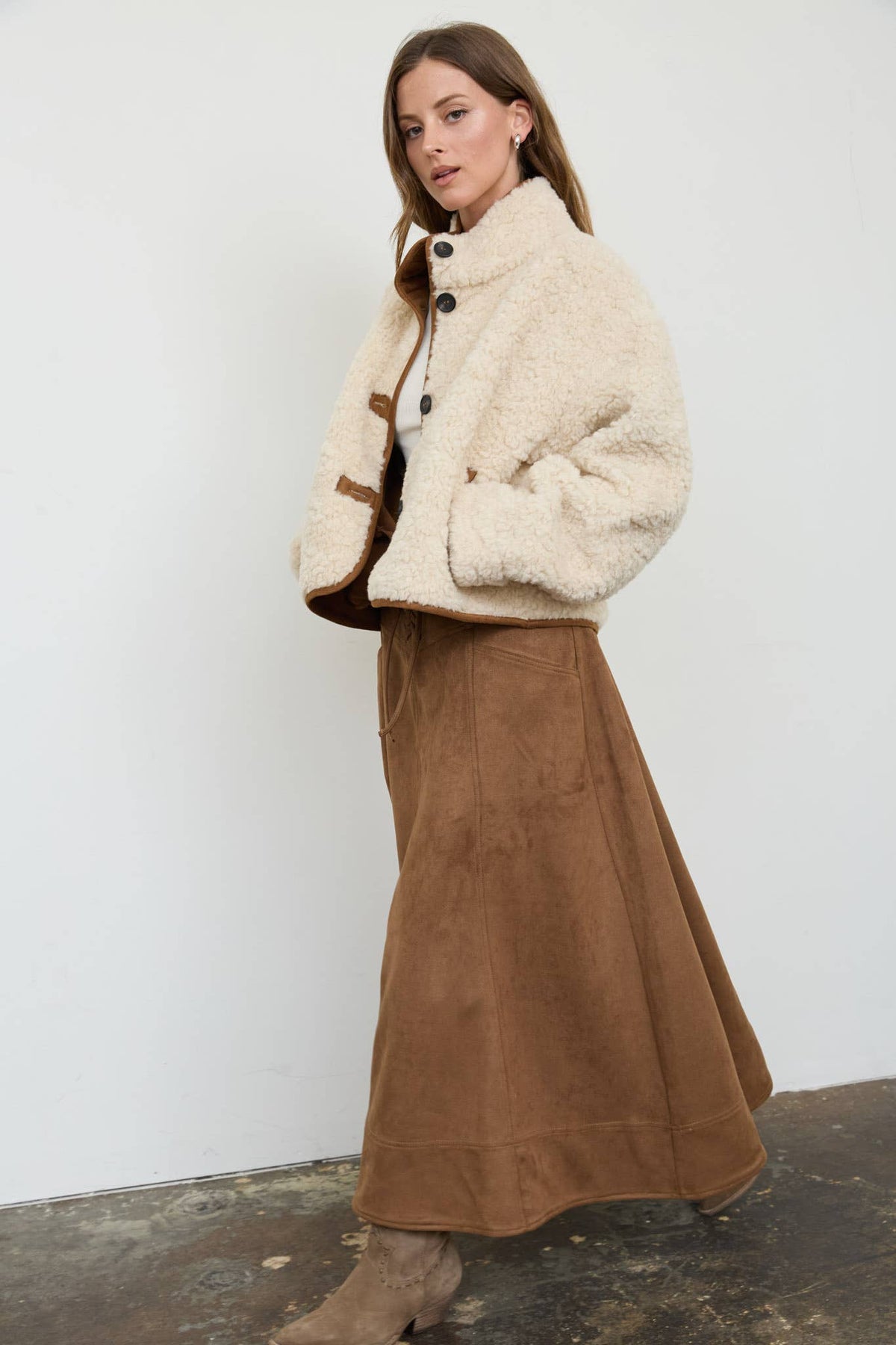 MOCK NECK SHERPA SUEDE TRIM BUTTON DOWN JACKET