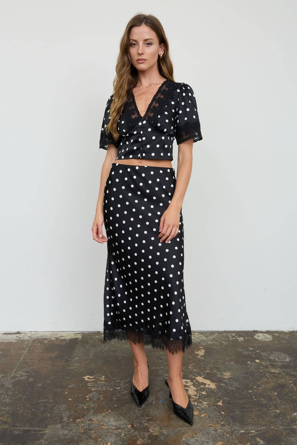 Polka Dot Satin Midi Skirt