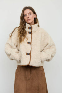 MOCK NECK SHERPA SUEDE TRIM BUTTON DOWN JACKET