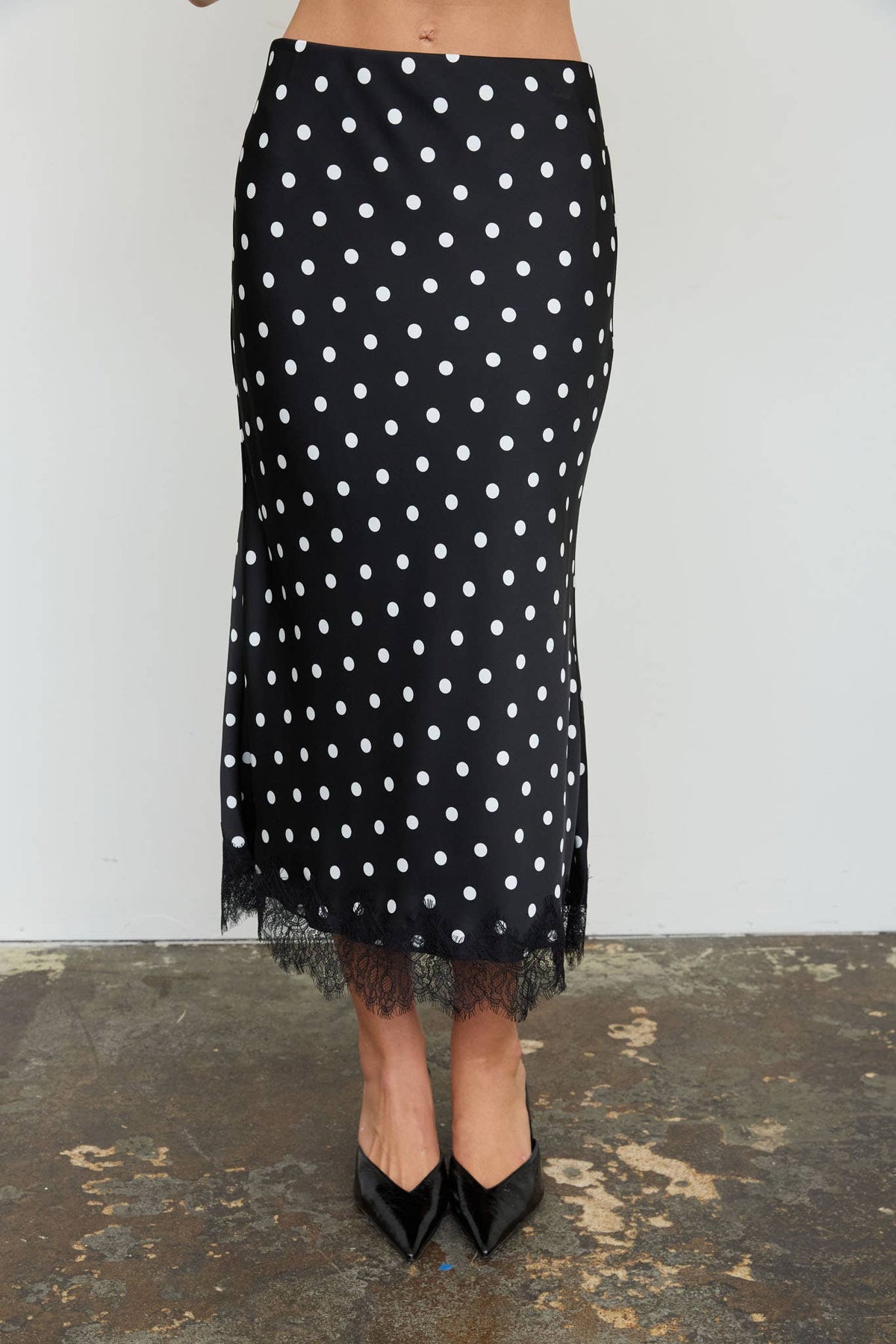 Polka Dot Satin Midi Skirt