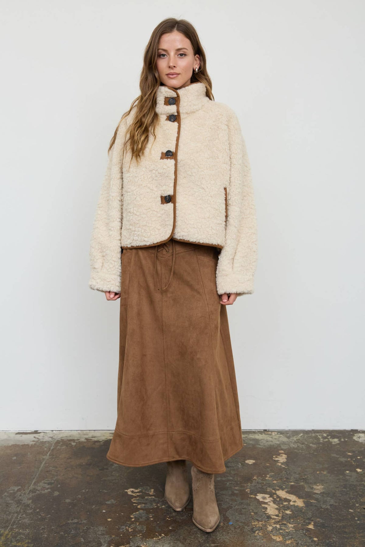 MOCK NECK SHERPA SUEDE TRIM BUTTON DOWN JACKET