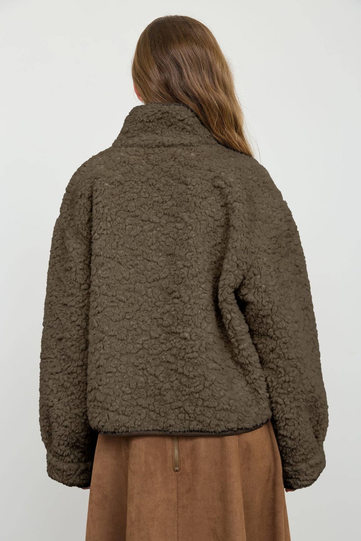 MOCK NECK SHERPA SUEDE TRIM BUTTON DOWN JACKET