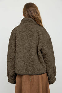 MOCK NECK SHERPA SUEDE TRIM BUTTON DOWN JACKET