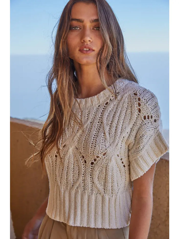 Close-up of Steph Crochet Sweater highlighting intricate crochet knit design and round neckline.