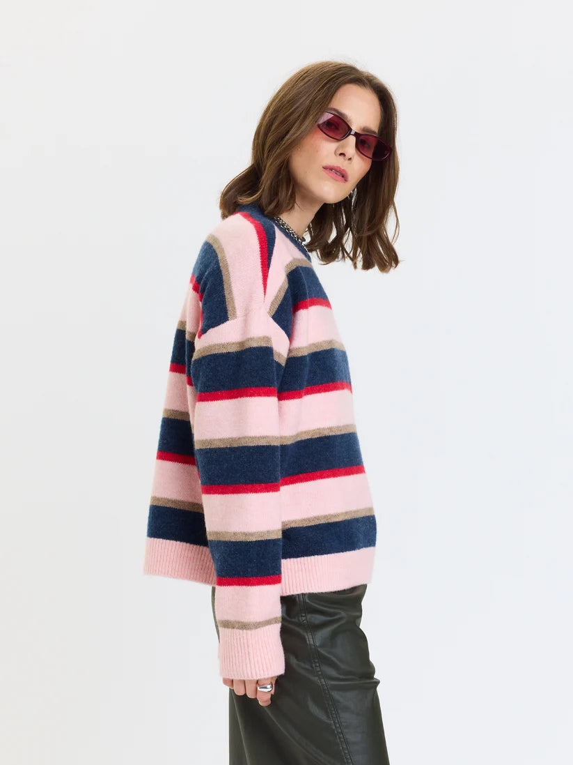 Carlyle Crew Neck Sweater- Coral Stripe