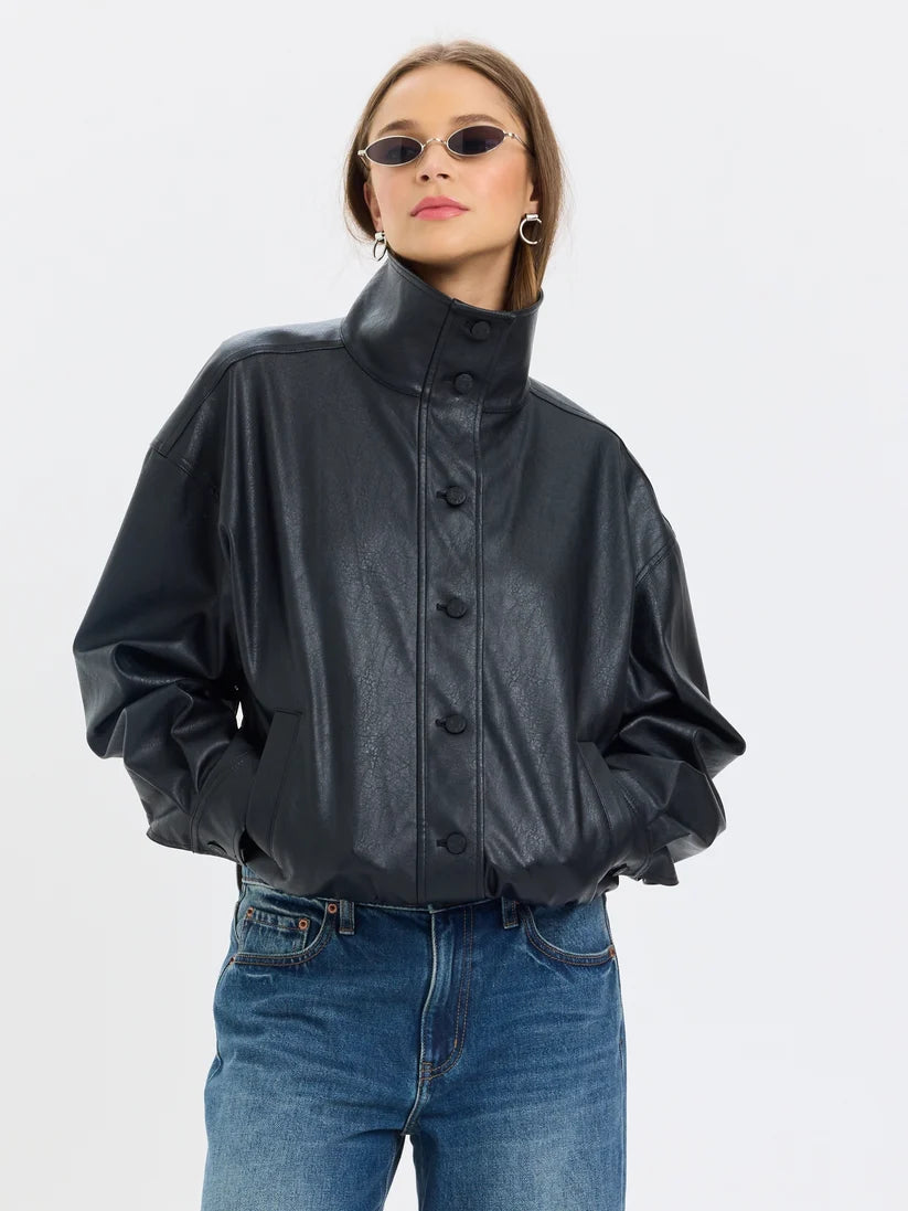 Phantom Funnel Neck Jacket- Black Faux Leather