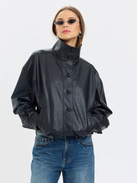 Phantom Funnel Neck Jacket- Black Faux Leather