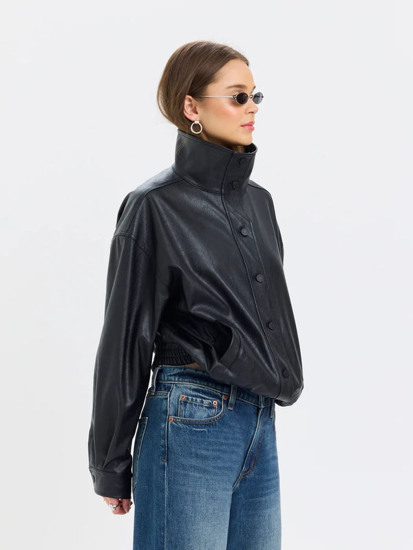 Phantom Funnel Neck Jacket- Black Faux Leather