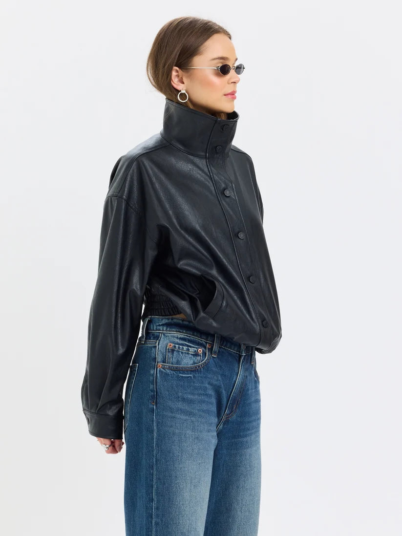 Phantom Funnel Neck Jacket- Black Faux Leather