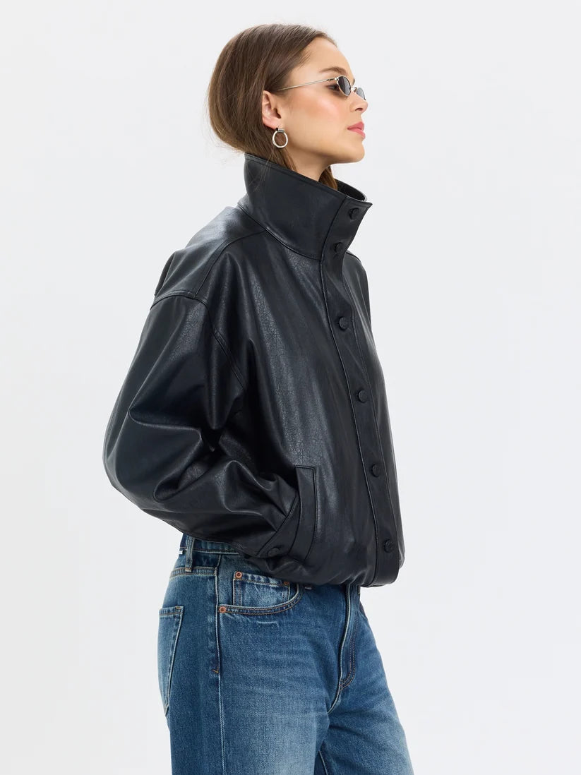 Phantom Funnel Neck Jacket- Black Faux Leather