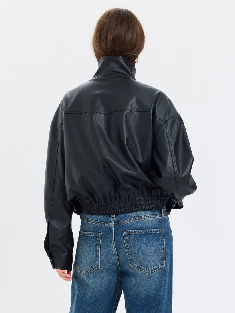 Phantom Funnel Neck Jacket- Black Faux Leather