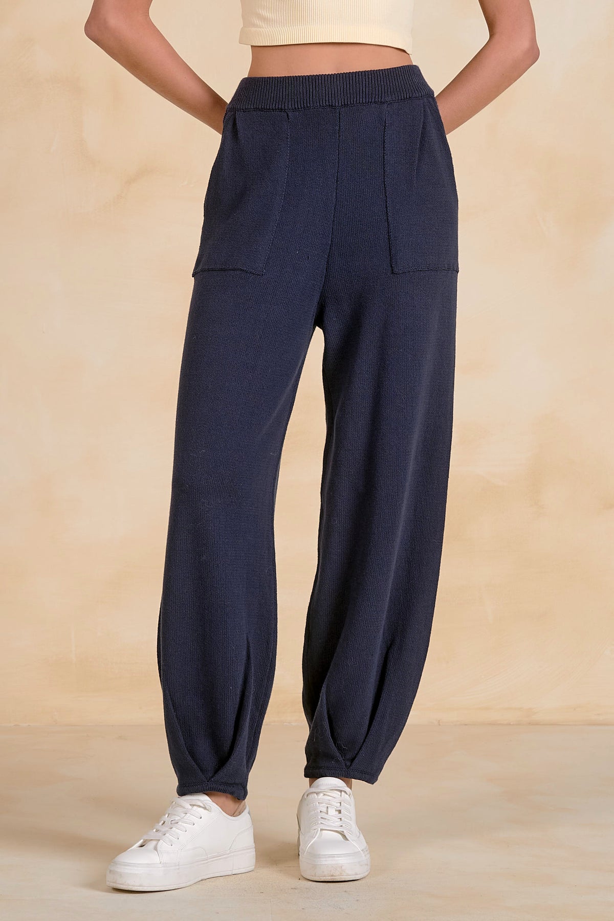 Blaine women’s navy knit lounge pants with ribbed waistband, front patch pockets and relaxed leg