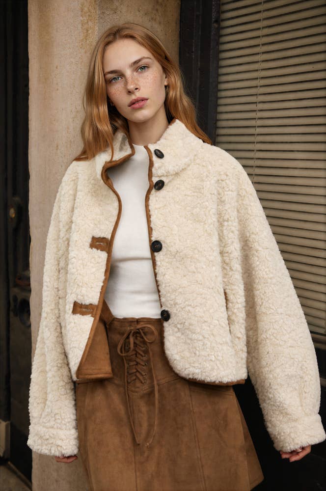 MOCK NECK SHERPA SUEDE TRIM BUTTON DOWN JACKET