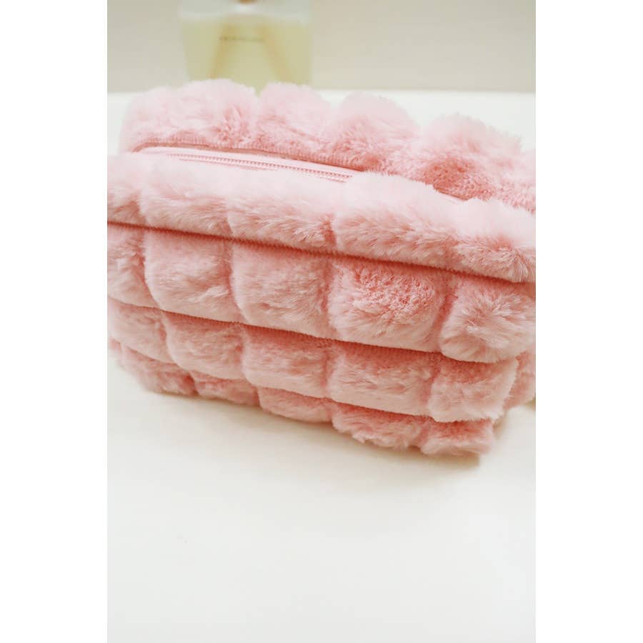 Faux Fur Quilted Cosmetic Pouch