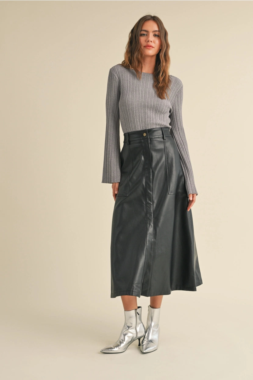スカート Barbour Shelby Faux-Leather Midi Skirt Black, Faux Leather Pleather A-Line Midi Skirt – Reverie