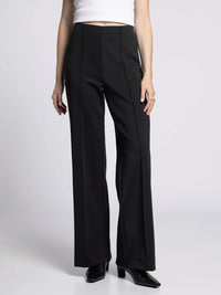 Front view of women’s black wide-leg pants showing high waist and front seam detail.