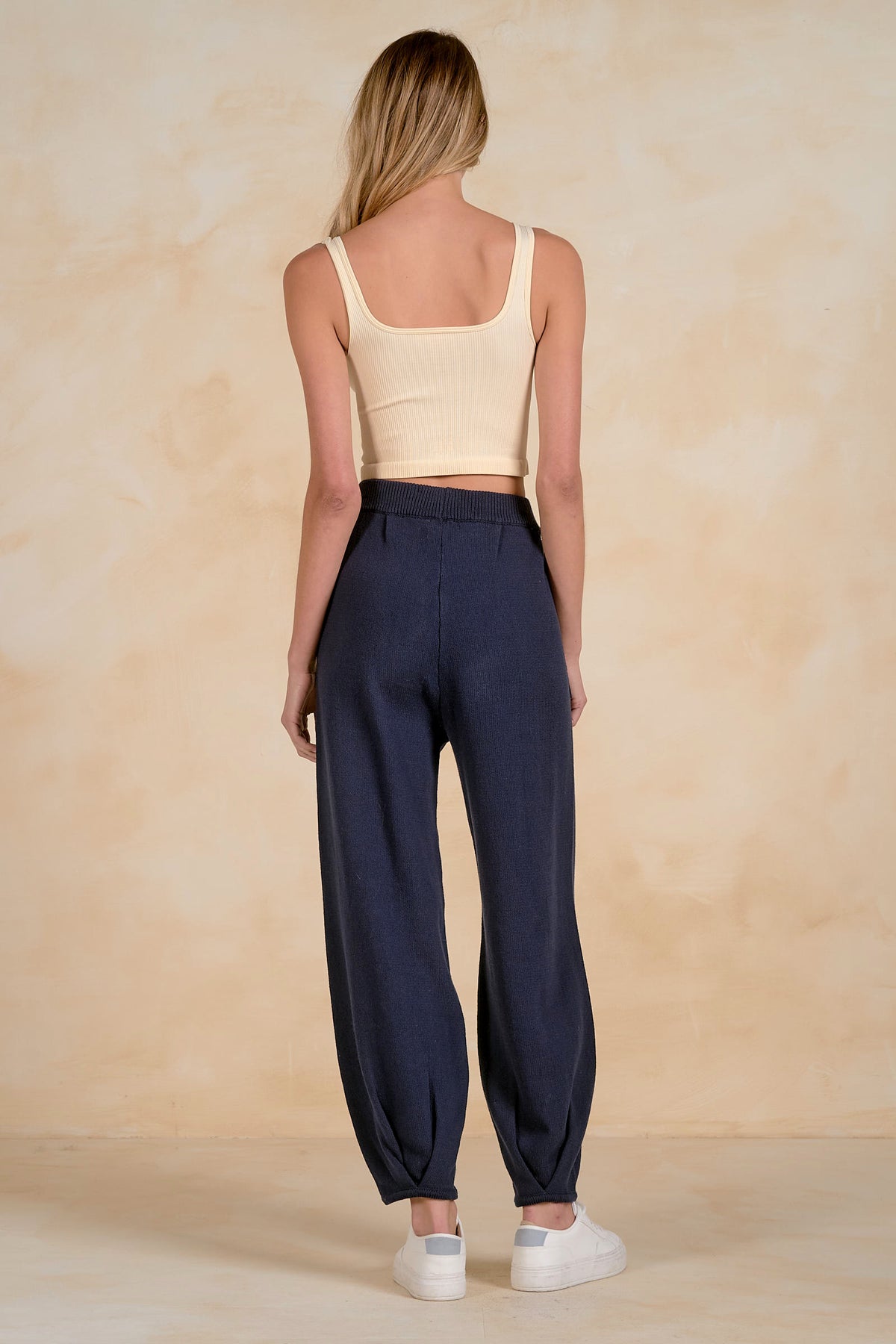 Back view of Blaine navy knit lounge pants with relaxed full-length fit