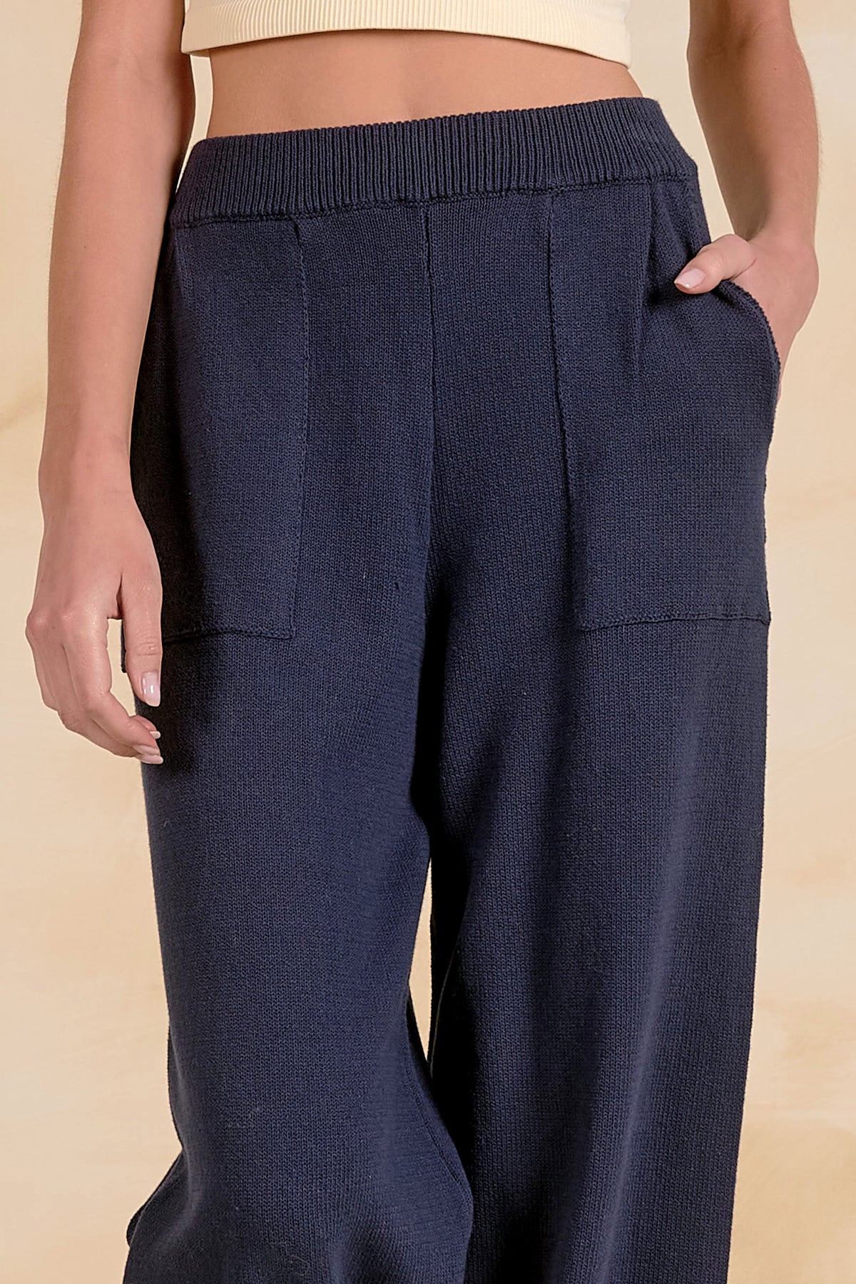 Close-up of Blaine navy knit pants showing ribbed waistband, knit texture and front pockets