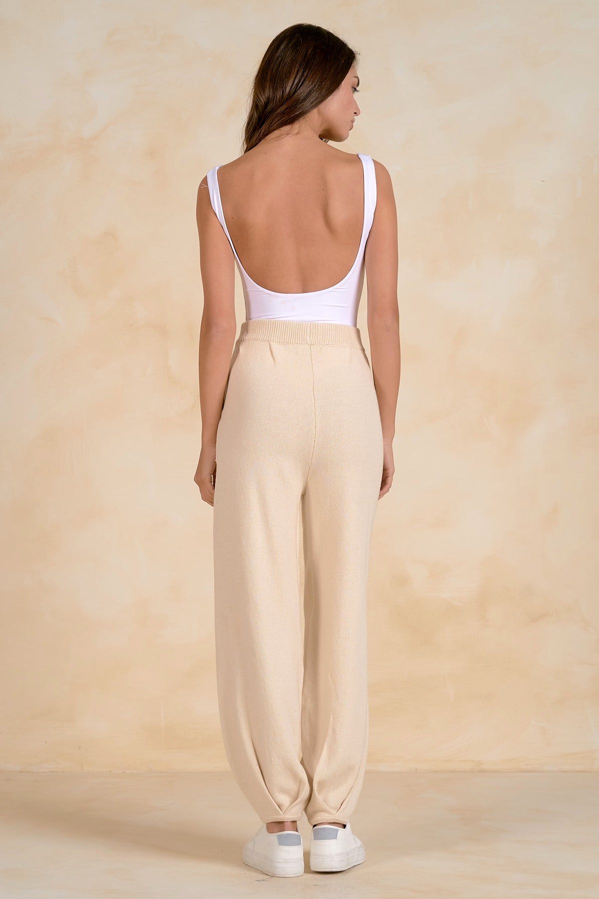 Back view of Blaine oatmeal knit lounge pants with relaxed full-length fit