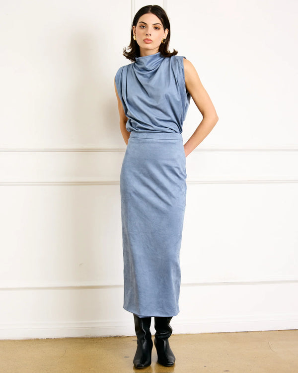 Full outfit featuring matching blue top and skirt from Shop Reverie Co.