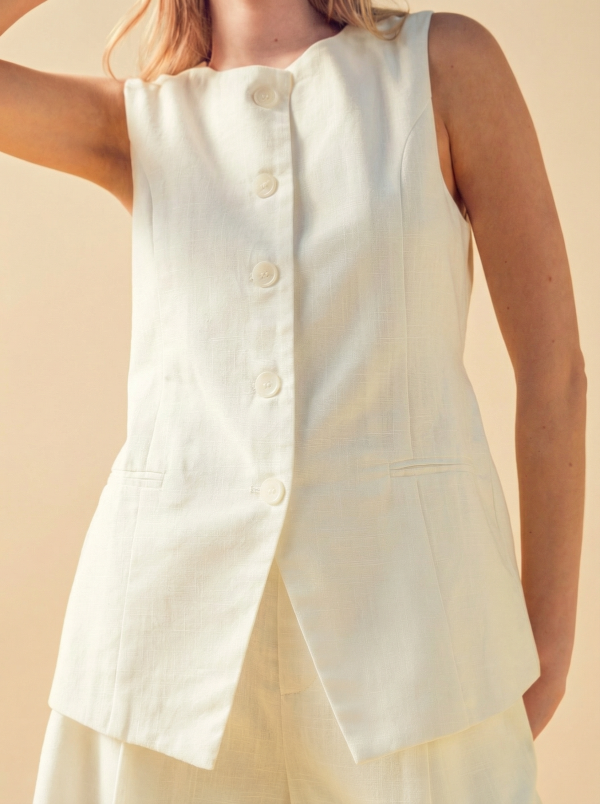 close up button front ivory linen vest top lightweight breathable fabric