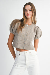Front view of Shanty Sweater showing puff sleeves, crew neckline, and cropped button-down design.
