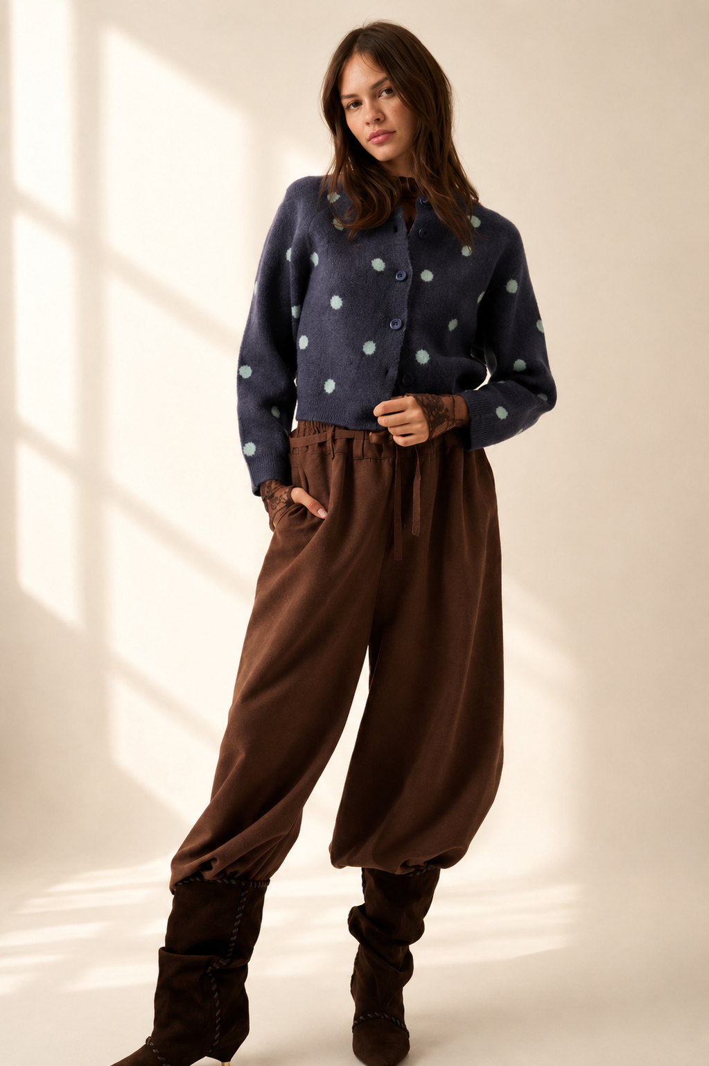 A woman modeling a dark navy blue knit cardigan with light blue-green polka dots, paired with brown wide-leg pants and dark brown boots, standing in a studio with warm window-light shadows.