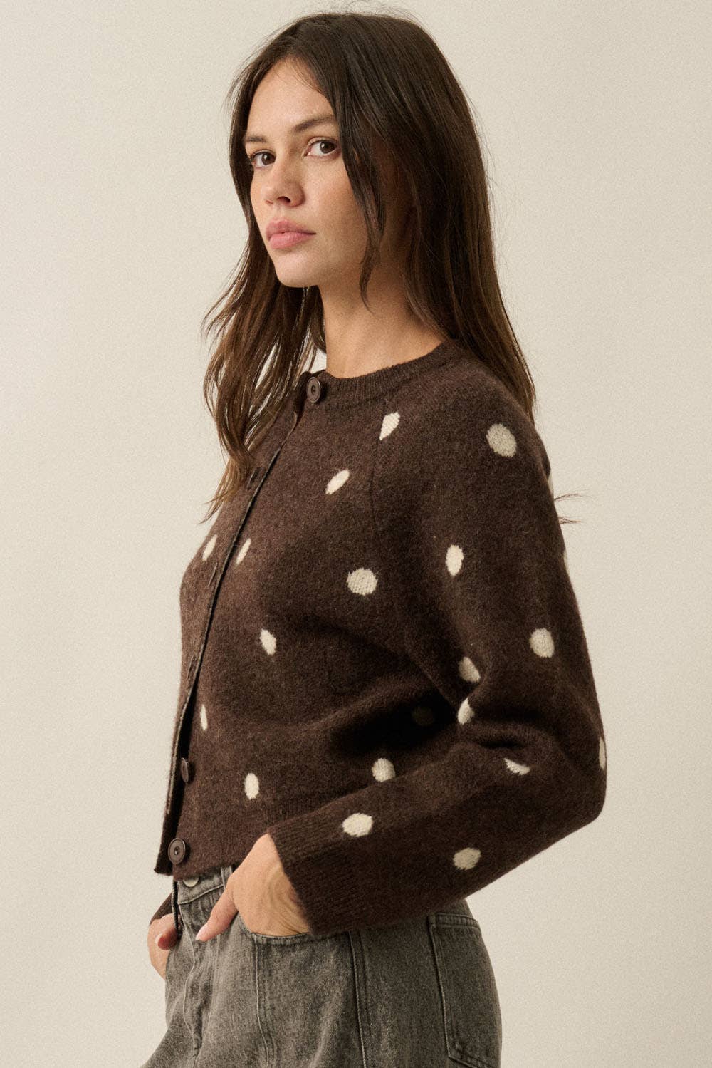 Carmen chocolate brown polka dot cardigan with contrast cream dots and button front