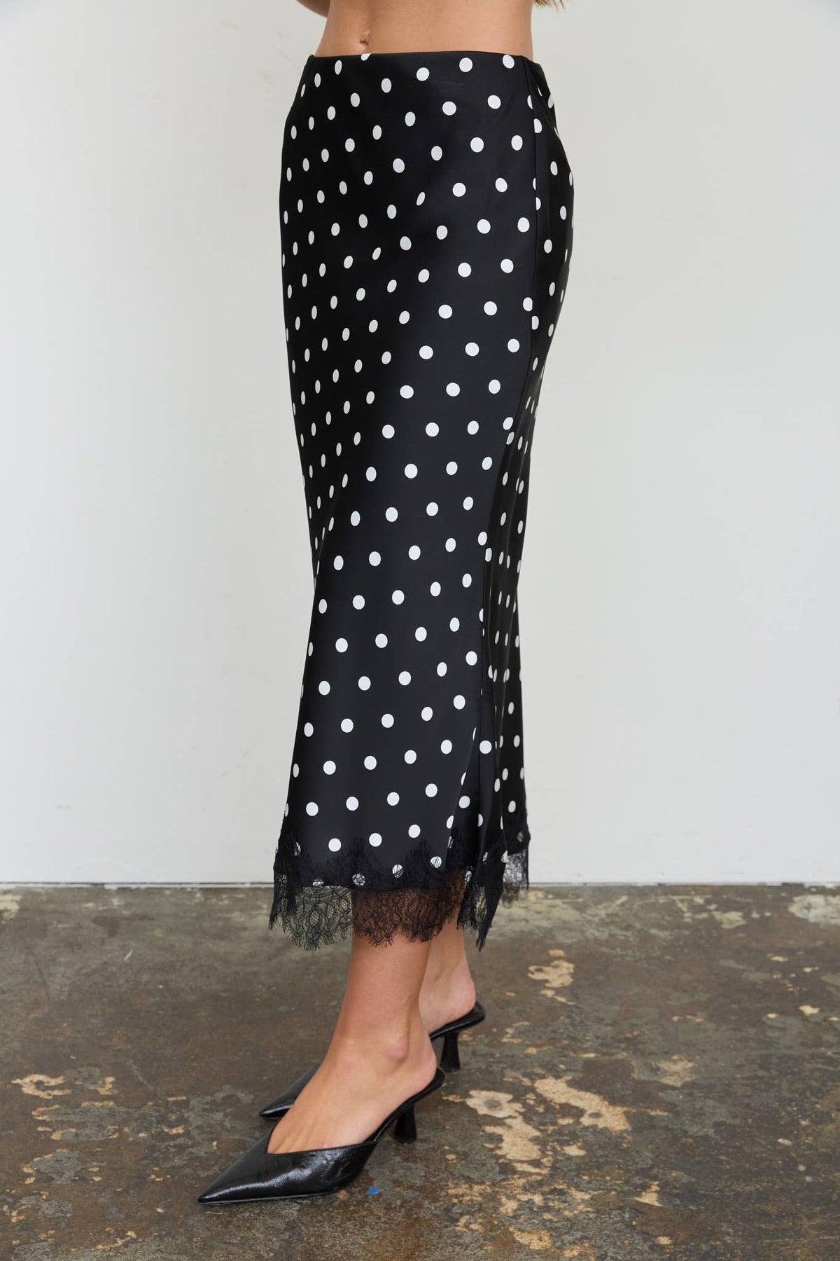 Polka Dot Satin Midi Skirt