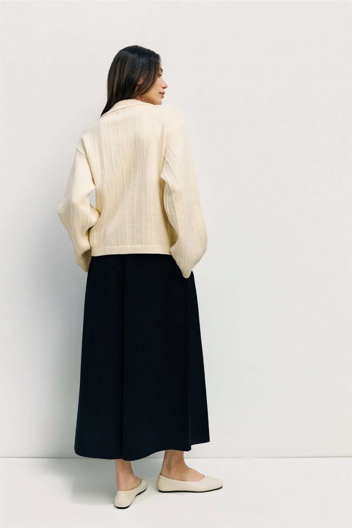 Cream textured knit sweater jacket back view