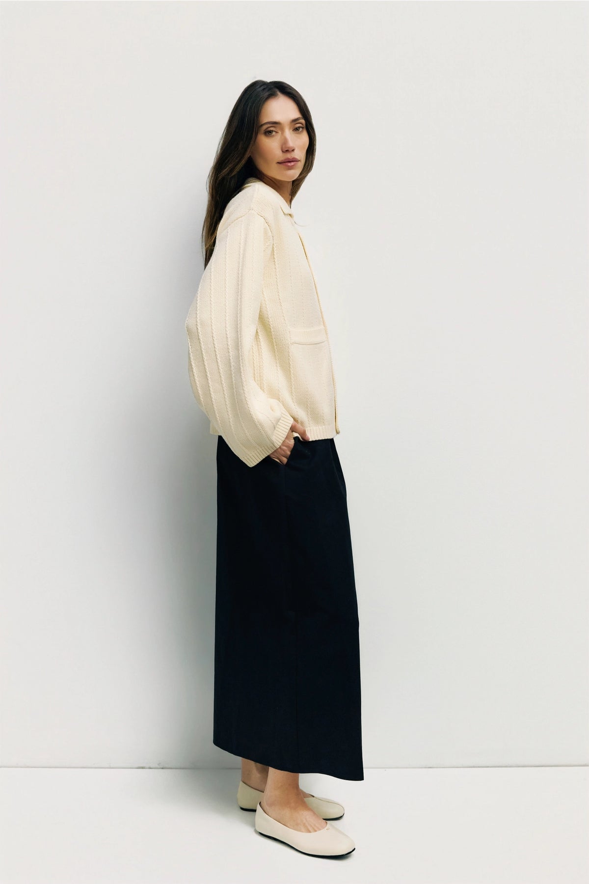 Cream textured knit sweater jacket side view