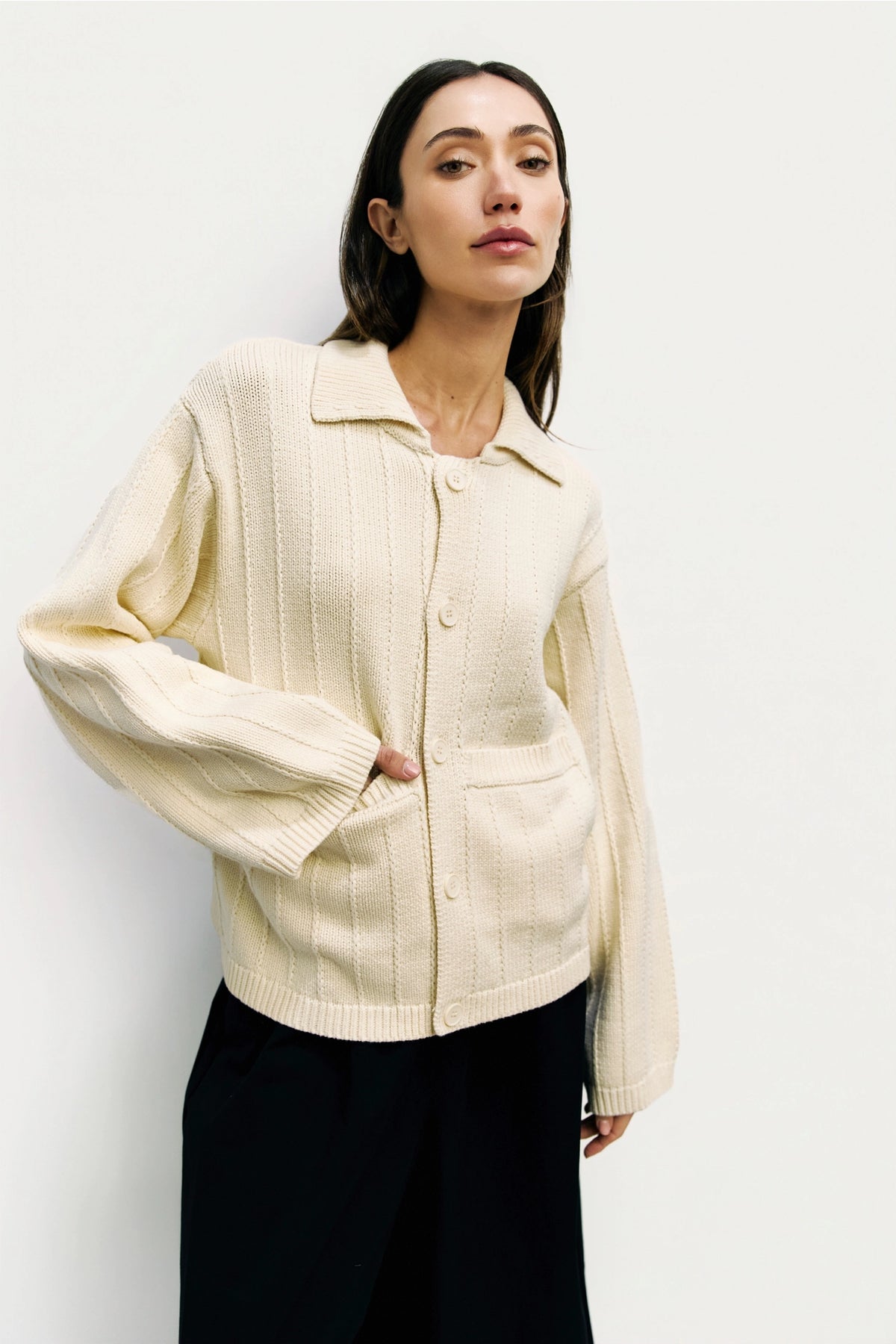 Cream knit sweater jacket for women button front cardigan front view