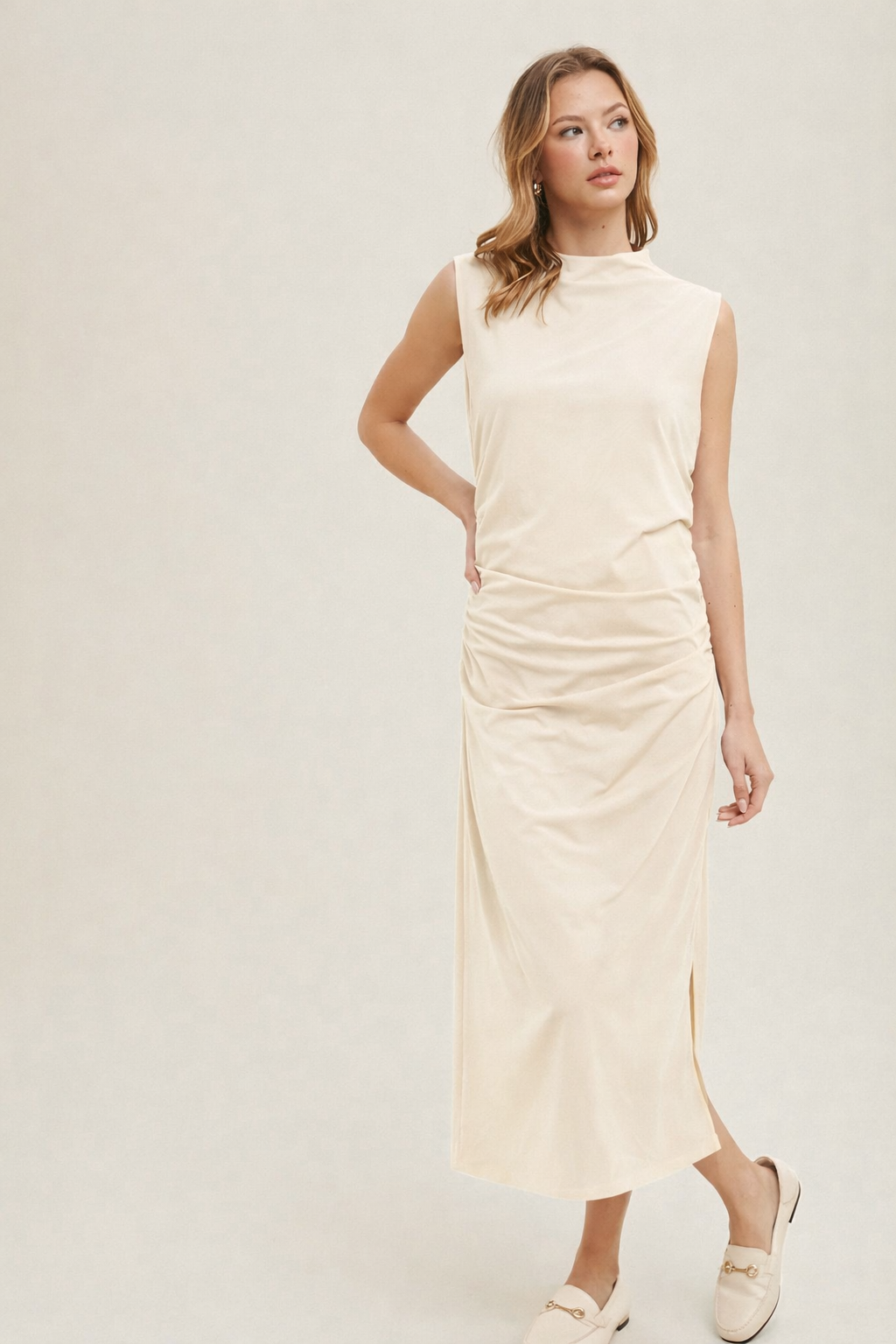 Elegant cream mock neck midi dress for women with flattering ruched waist detail