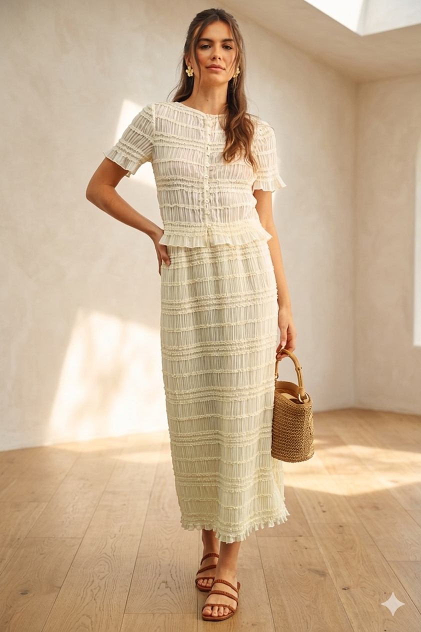 cream ruffle blouse women short sleeve button front feminine outfit front view