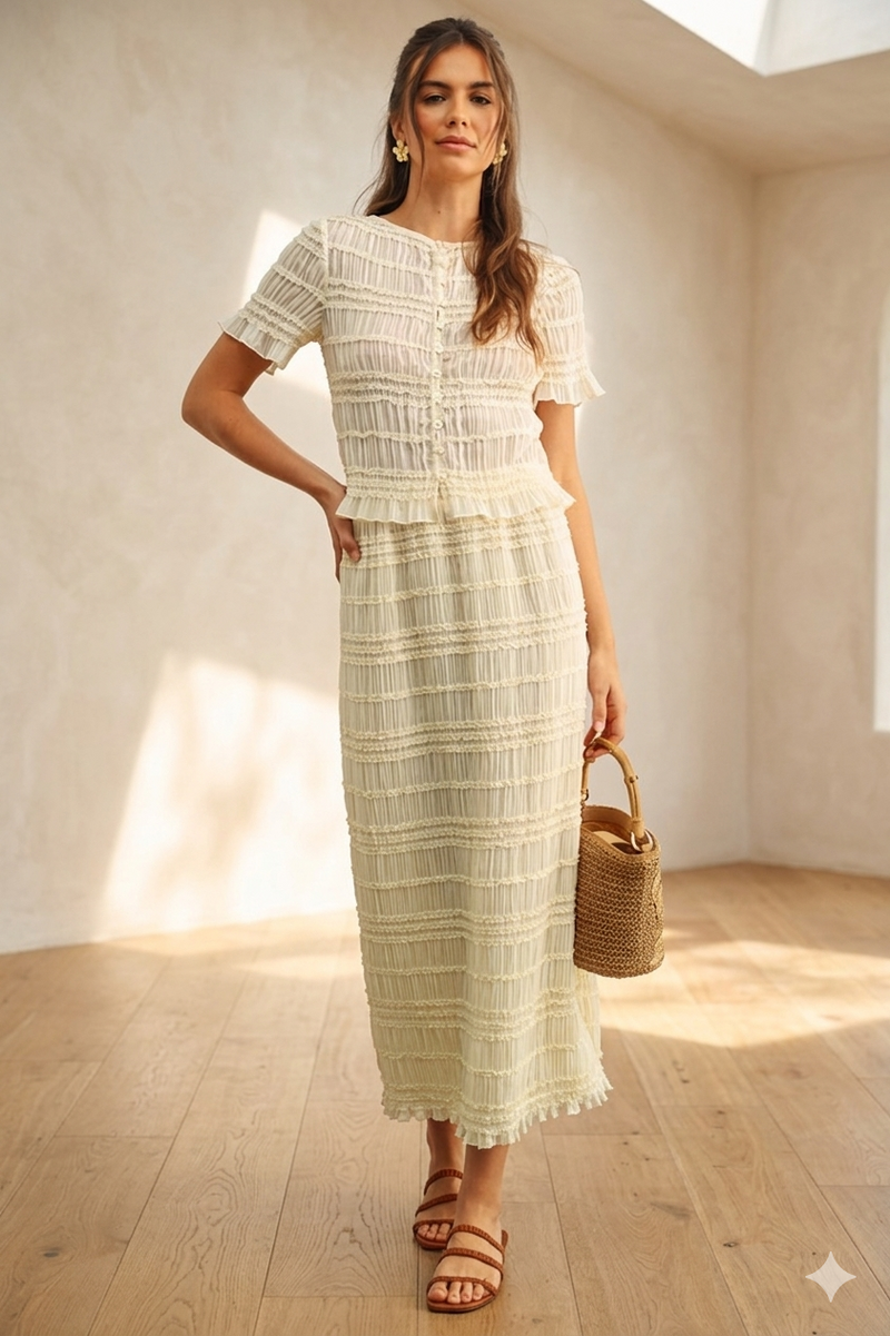 cream ruffle blouse women short sleeve button front feminine outfit front view