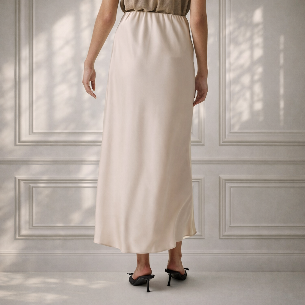 Back view of elegant cream satin midi skirt with smooth draped silhouette
