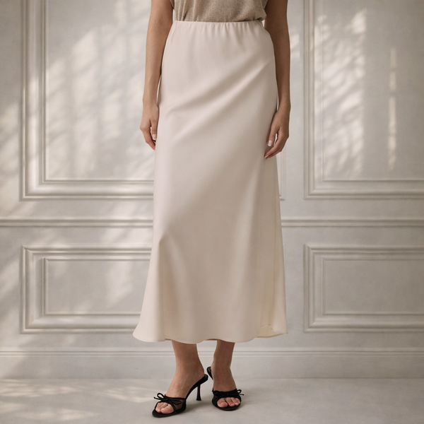 Women's cream satin midi slip skirt with elegant flowy silhouette front view