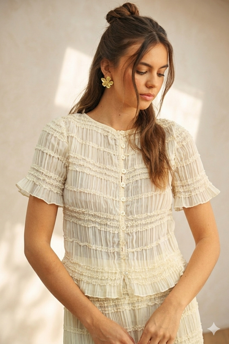 cream textured ruffle blouse women close up pleated fabric button front detail