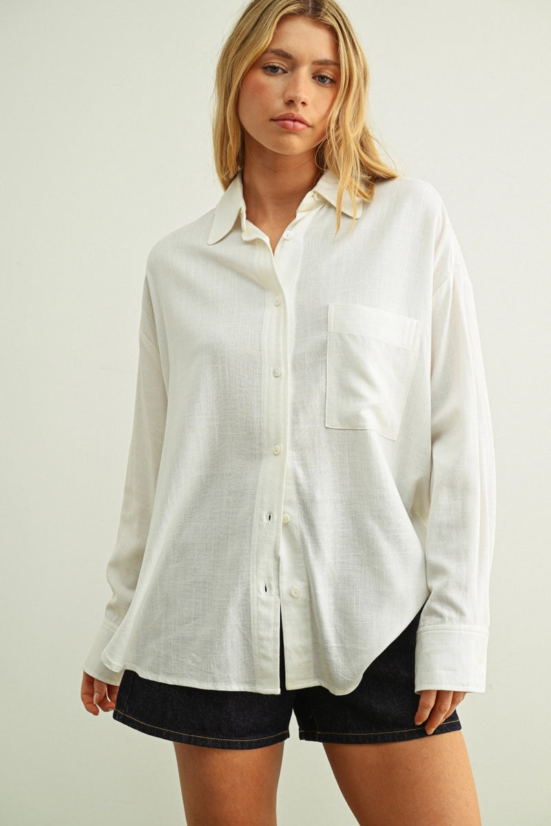 Dara white button front shirt women oversized lightweight blouse front view